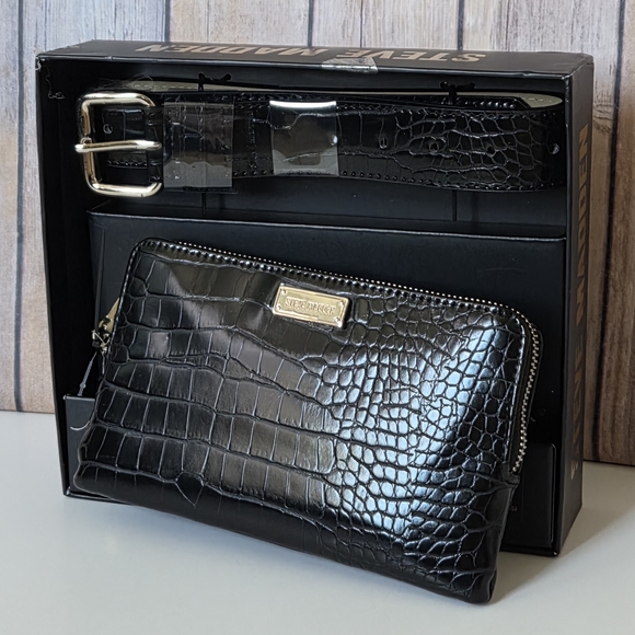 Steve Madden Black Crocodile Embossed Zip Closure Bag and Belt Set NIB